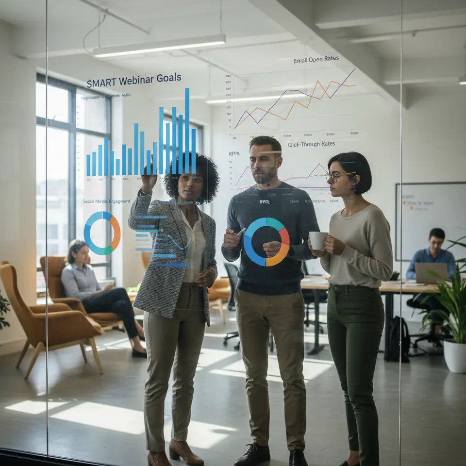A sleek analytics dashboard showcasing SMART webinar goals and KPIs: bar charts for registration-to-attendee ratios, line graphs of email open rates, pie charts of social media engagement, and team members reviewing progress on large interactive screens in a modern office.
