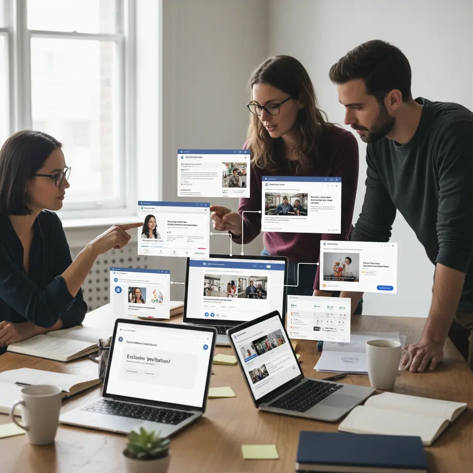 A dynamic multichannel promotion concept: a collage of device screens and social icons (LinkedIn, Facebook, Instagram Stories, TikTok), overlaid with ad creatives, retargeting pixels, partnership logos, and email templates, illustrating a diversified webinar marketing outreach.