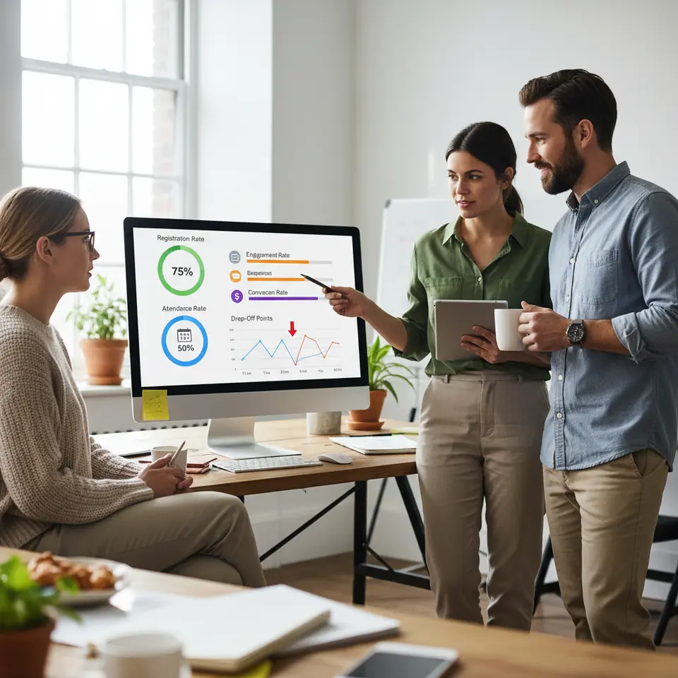 An infographic-style dashboard showcasing the five core webinar metrics—Registration Rate, Attendance Rate, Engagement Rate, Drop-Off Points, and Conversion Rate—each represented by a gauge or bar chart with distinct icons and percentage figures.