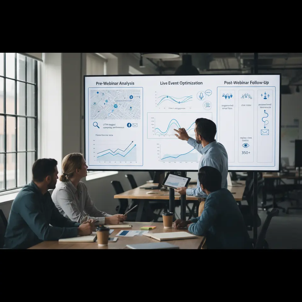 A three-stage webinar lifecycle flowchart illustrating Pre-Webinar Analysis (UTM-tagged campaign performance and channel icons), Live Event Optimization (real-time engagement graphs, poll and chat icons), and Post-Webinar Follow-Up (segmented email lists, replay view counts, and personalized nurture sequences).