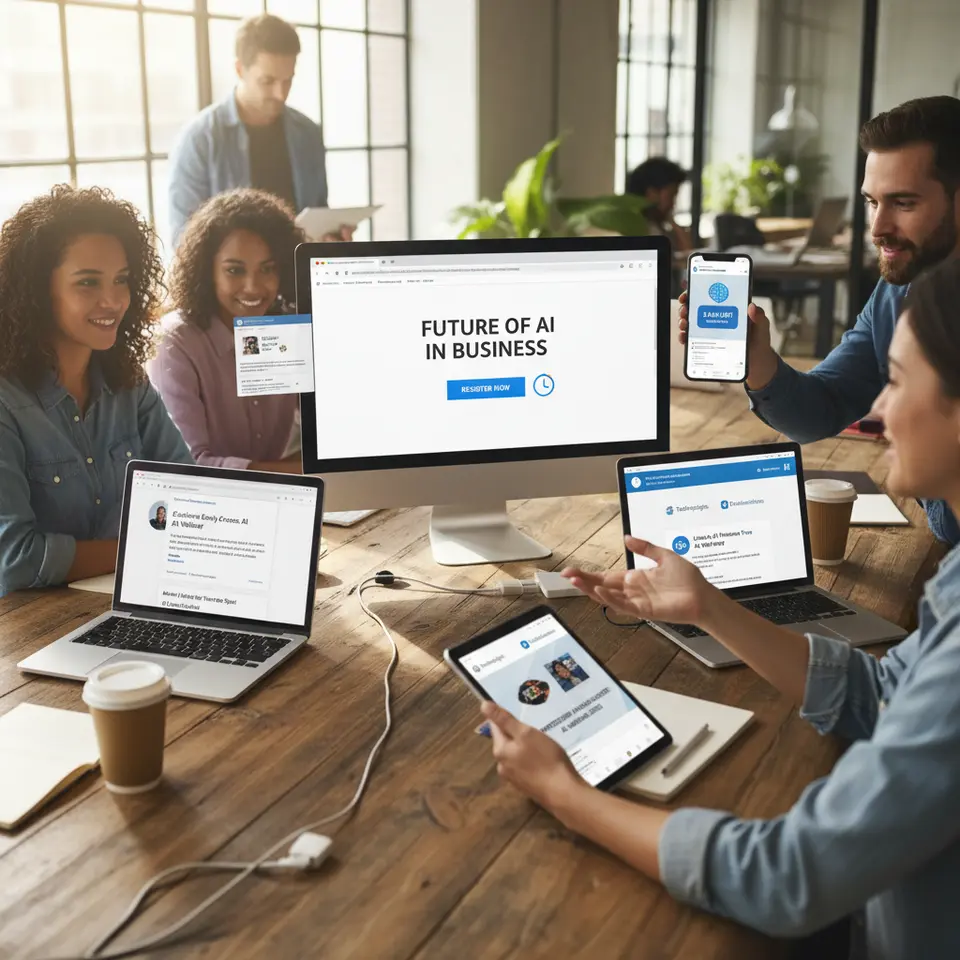 A vibrant multi-channel promotion strategy scene: an email inbox with segmented messages, social media posts on LinkedIn and Instagram with countdown stickers, a targeted paid ad banner, and a co-marketing announcement all converging on a central webinar registration landing page