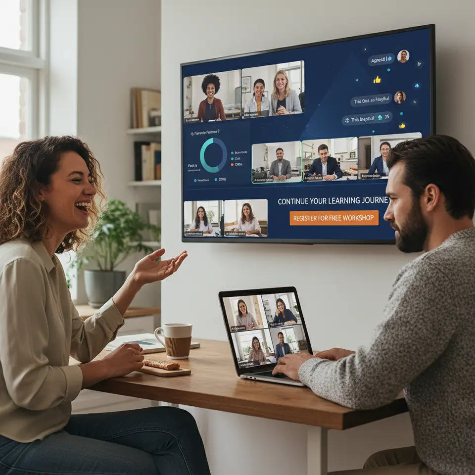 An interactive webinar engagement dashboard: a live video panel with embedded real-time poll results, dynamic chat bubbles being upvoted by participants, virtual breakout room windows with focused group discussions, and a bold closing slide featuring a call-to-action button