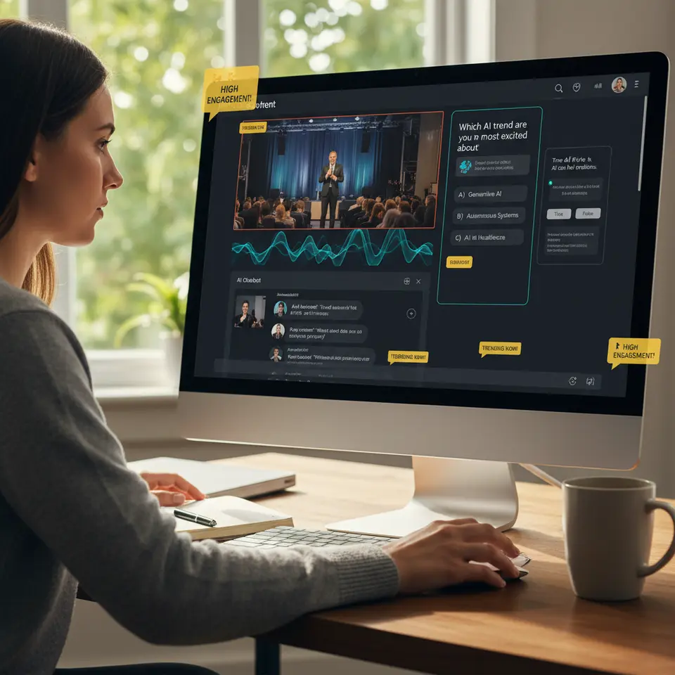 A live virtual event interface showing an AI chatbot answering attendee questions in chat, real-time sentiment analysis waveforms overlaid on the video feed, pop-up interactive polls and quizzes, and dynamic callouts illustrating high engagement moments.
