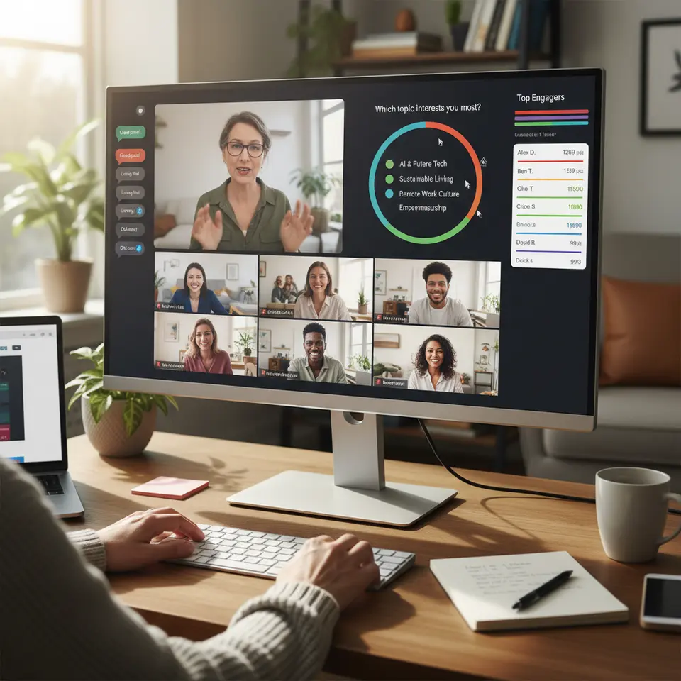 A vibrant virtual webinar scene: the presenter’s video feed alongside a large, branded poll on screen with attendees clicking responses; visible live chat bubbles along the side; small breakout-room video tiles showing groups in discussion; and a colorful gamification leaderboard tallying participant points in real time, conveying dynamic audience interaction.