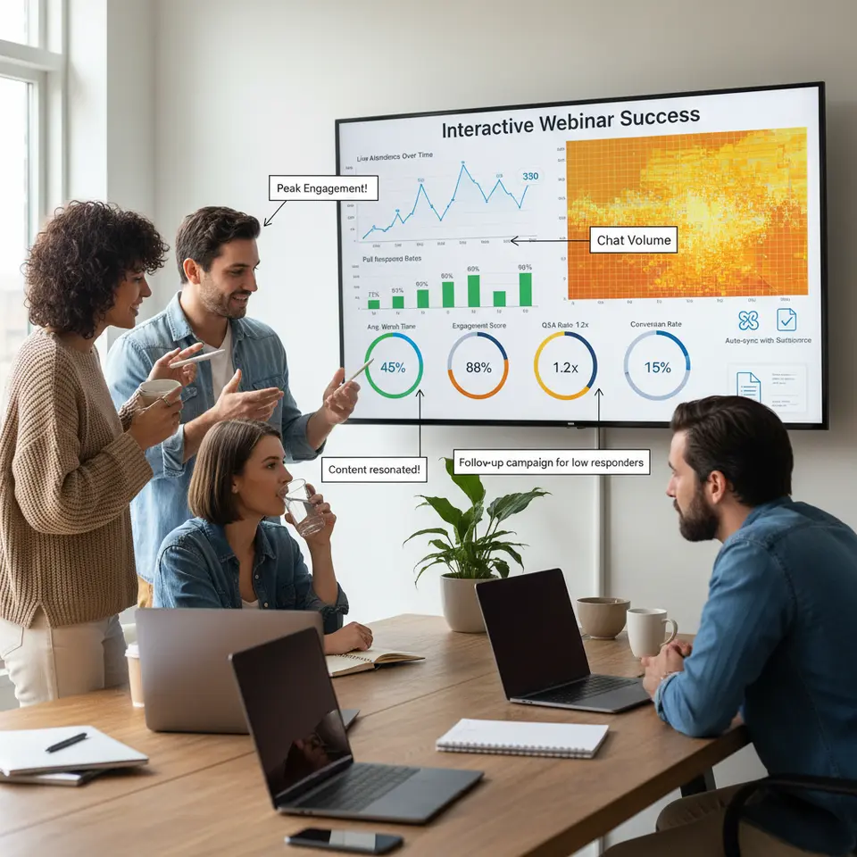 An analytics dashboard for interactive webinar success: multiple data widgets including a line graph of live attendance over time, a bar chart of poll response rates, a chat-volume heat map, and KPI gauges for average watch time; icons representing CRM integration and post-webinar survey feedback, with annotations highlighting insights and next-step recommendations.
