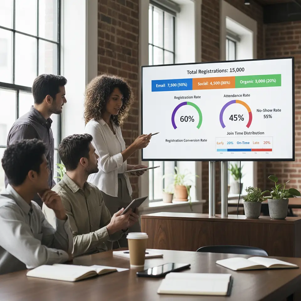 A bold registration-to-attendance funnel infographic: at the top, a segmented bar showing Total Registrations with color-coded channel breakdown (email, social, organic); below it, a gauge or dial illustrating Registration Conversion Rate; next, an Attendance Rate gauge alongside a No-Show Rate counter; and a small timeline chart showing Join Time Distribution (early, on-time, late attendees).