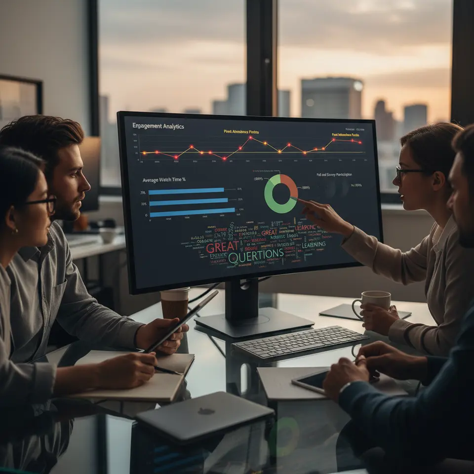 An engagement analytics dashboard visualization: a video timeline heatmap marking Peak Attendance Points, a horizontal bar graph of Average Watch Time percentage, a pie chart of Poll and Survey Participation rates, and a live chat word cloud—arranged on a sleek, dark-themed screen to highlight interactive metrics.