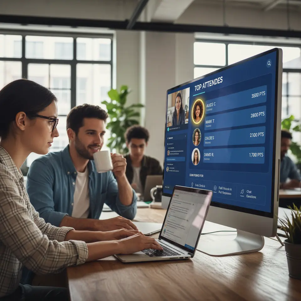Points and Leaderboards: Visualize a live webinar dashboard where attendees earn points for actions like early check-ins, poll responses, and chat questions. The scene features a dynamic leaderboard panel that updates in real time with user avatars, point tallies, and a highlighted top scorer.