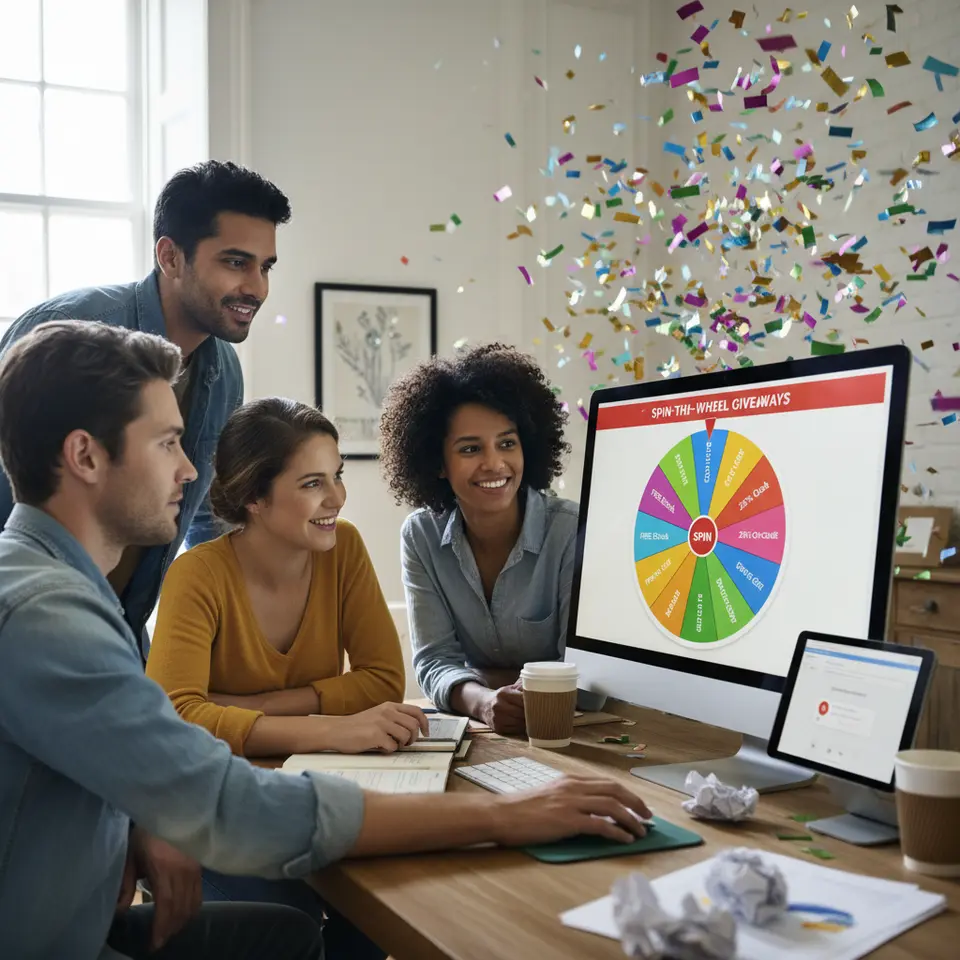 Spin-the-Wheel Giveaways: Depict a colorful virtual prize wheel overlaid on a webinar screen, divided into segments labeled with various rewards (eBooks, discount codes, exclusive consultations). Show a participant’s cursor about to spin the wheel after completing a survey, with celebratory confetti in the background.