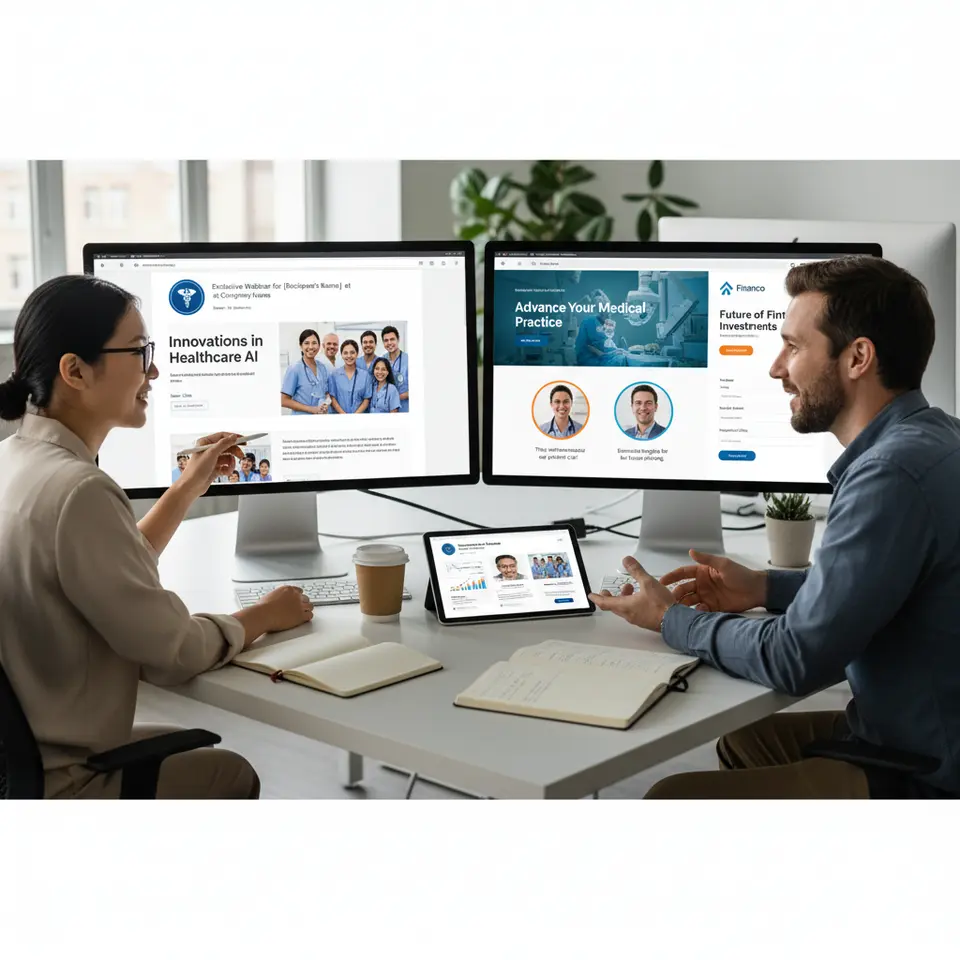 A split-screen view of a personalized webinar campaign: on one side, an invitation email template dynamically inserting a recipient’s name, company logo, and industry-specific headline; on the other side, a matching registration landing page that swaps images, testimonials, and form fields based on segment (e.g., one version shows medical graphics for healthcare attendees, another shows financial charts for finance professionals).